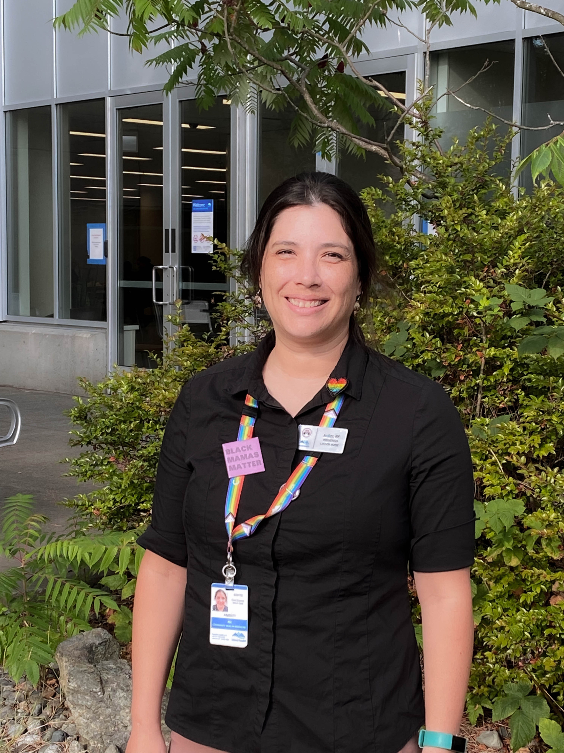 Indigenous Liaison Nurse, Amber Louie, in front of Victoria General Hospital