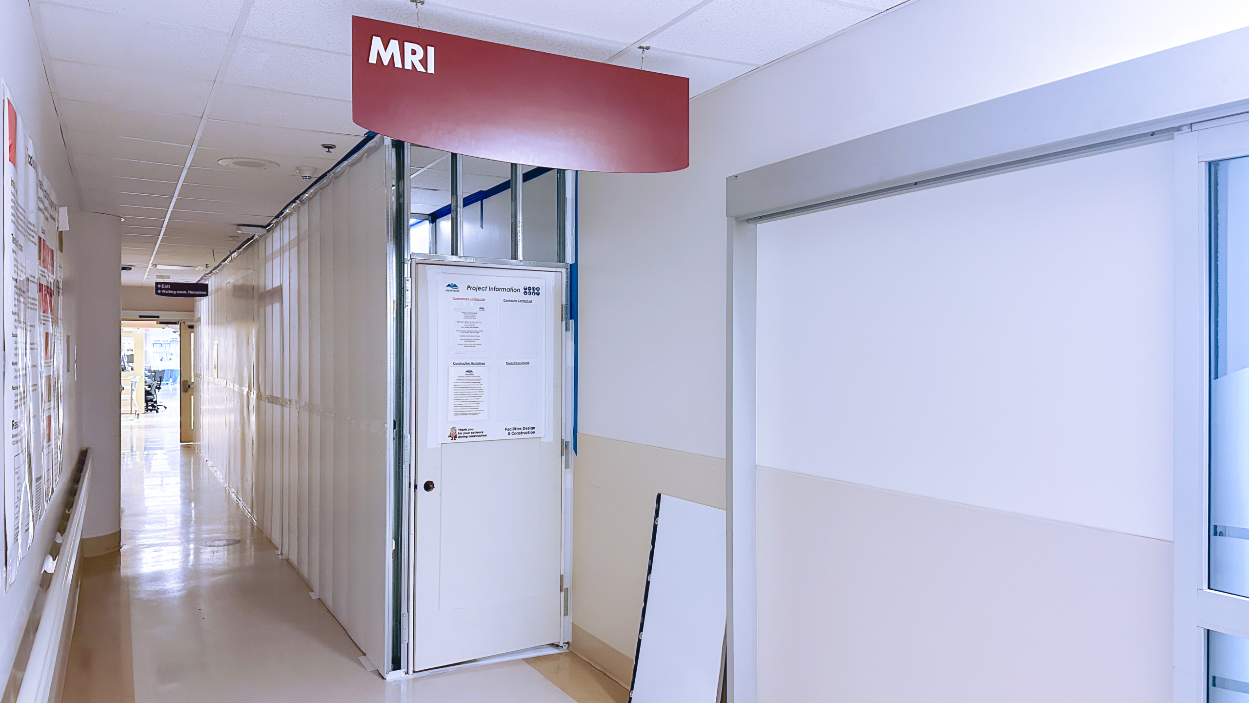 MRI hallway at Royal Jubilee Hospital with construction barriers