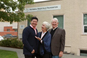 Patient Carlos Gomez, with Eileen and Al Gilchrist, Victoria Hospitals Foundation donors.