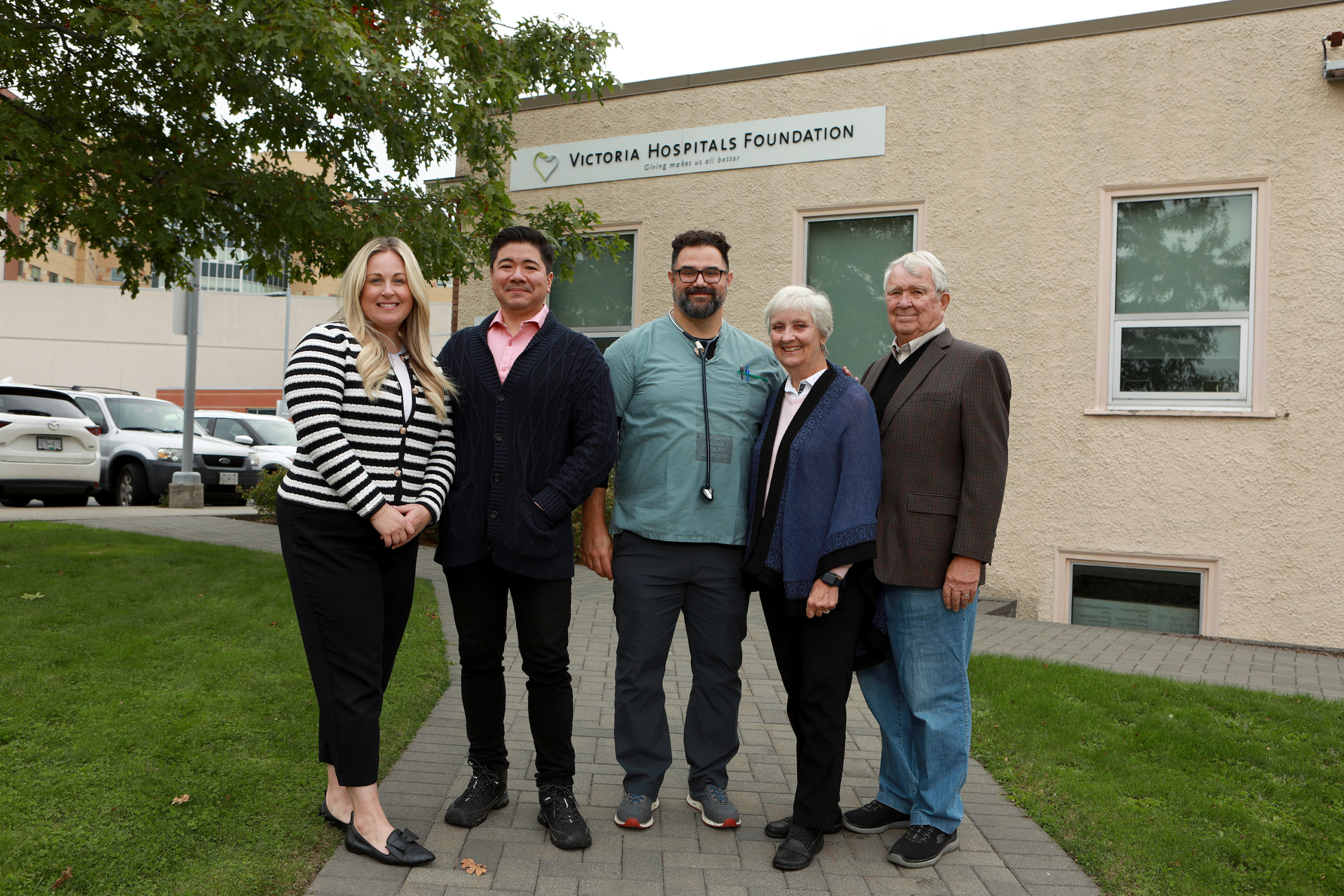 Victoria Hospitals Foundation CEO, Avery Brohman, with patient Carlos Gomez, Cardiologist Dr. Chris Franco, and Eileen and Al Gilchrist, Victoria Hospitals Foundation donors.