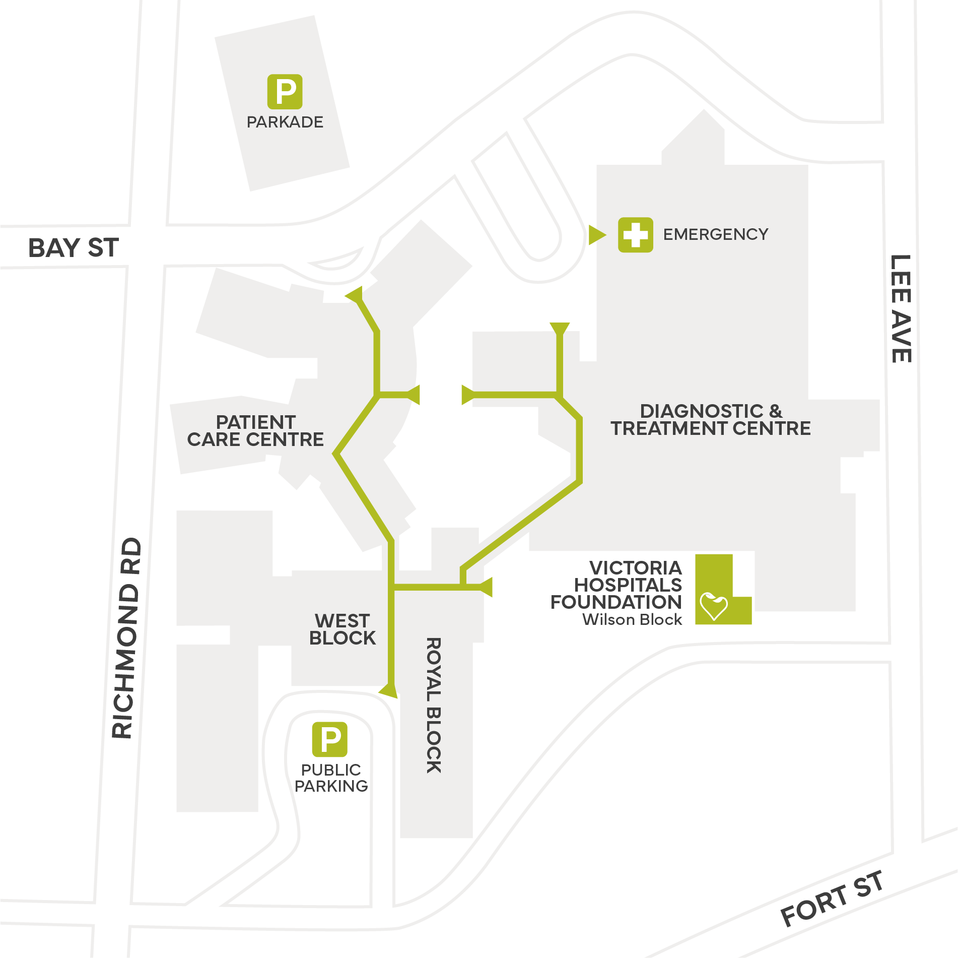 Map of Royal Jubilee Hospital & the surrounding grounds showing the location of VHF's office at Wilson Block